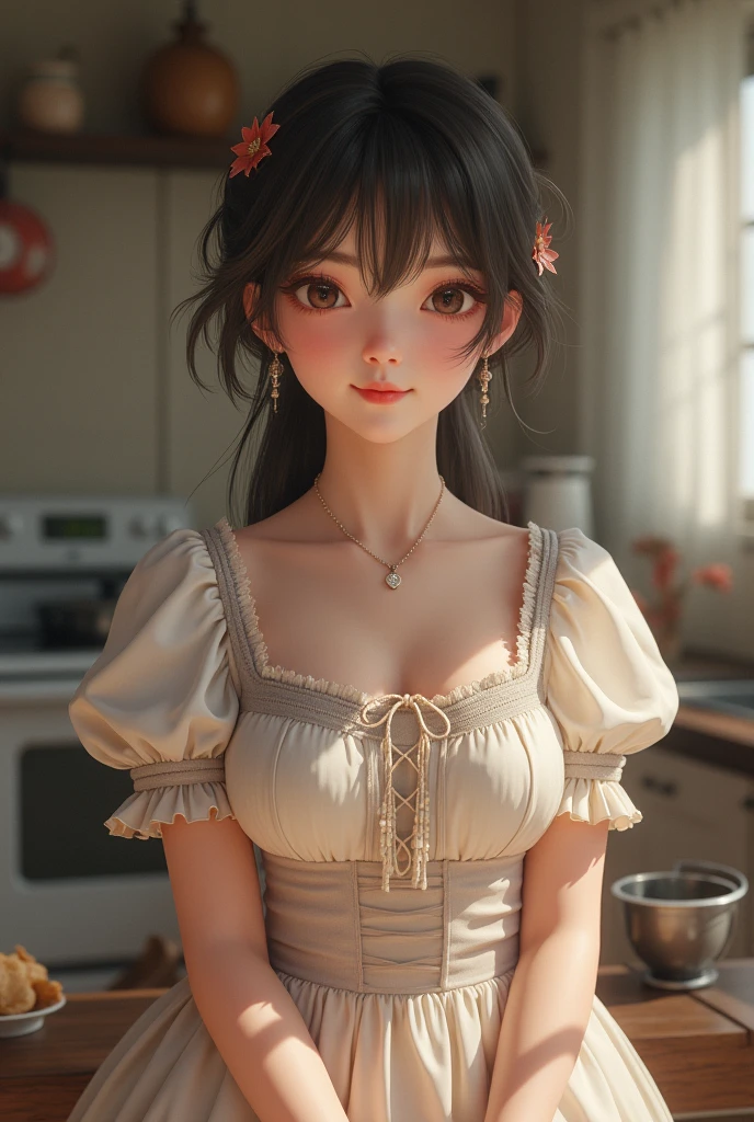 (8ก, best quality, Masterpiece: 1.2), (realistic, realistic, photorealistic: 1.37), 1 woman, hyper detail, beautiful eye details, Beautiful, detailed nose, (((1 girl))), Lolita dress, 7 minutes, kitchen, smile,