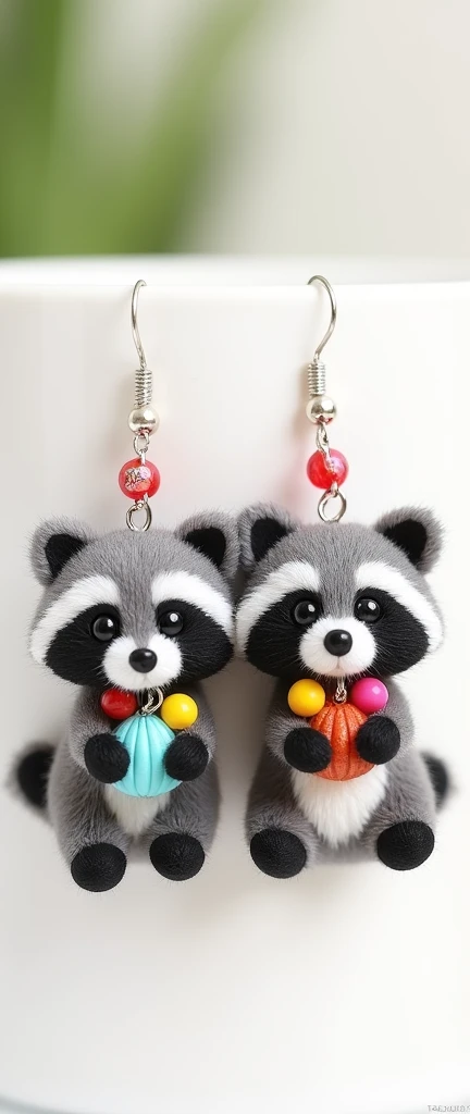 A captivating and whimsical pair of earrings, featuring intricately patterned, extra-fluffy baby raccoons. Each raccoon is adorned with a colorful charm and a round accessory, adding a playful touch to the design. The earrings are suspended from a delicate silver-colored metal hook, which catches the light and draws attention. The white background accentuates the vibrant colors of the charms, creating a delightful and charming product.