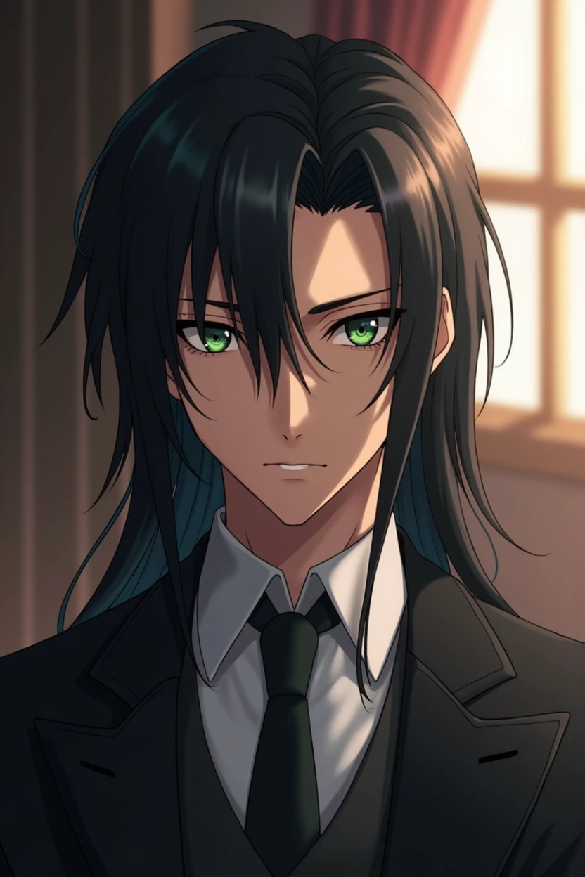 ((best qualityer)), ((work of art)), ((アニメ)), ((Ufotable Studio)), ((Fate/Stay Night)), ((sou sou no freeze)), mature man, longye hair, Bblack hair, Hair falling to the shoulders, smooth, greeneyes, masculine traits, suit and tie, photo cropped at the bust, Background, blurred background, light coming through the window, Head tilted to the side, distant gaze.