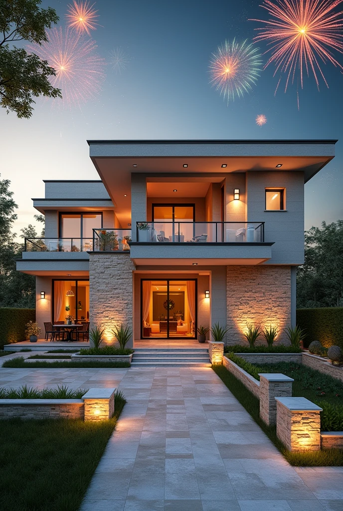 A vibrant Independence Day-themed image showcasing a luxurious home exterior and outdoor space made with premium limestones from Suraj Stones. The scene includes a modern Indian villa with a beautifully crafted limestone facade, walkways, and patio. The home is decorated with subtle Indian flags, and the sky is filled with fireworks in the colors of the Indian tricolor (saffron, white, and green). In the foreground, there’s a decorative element made from limestone with the message "Celebrating Freedom with Timeless Elegance - Happy Independence Day from Suraj Stones." The overall atmosphere is festive yet elegant, reflecting the premium quality of the limestones
