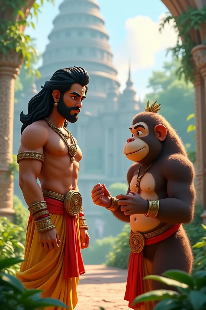 In cinemetic 3d cartoon style, Rama and Hanuman: Depict Sri Rama and Hanuman strategizing before the battle, with Hanuman presenting Rama with the information about Ravana’s strength and the layout of Lanka.