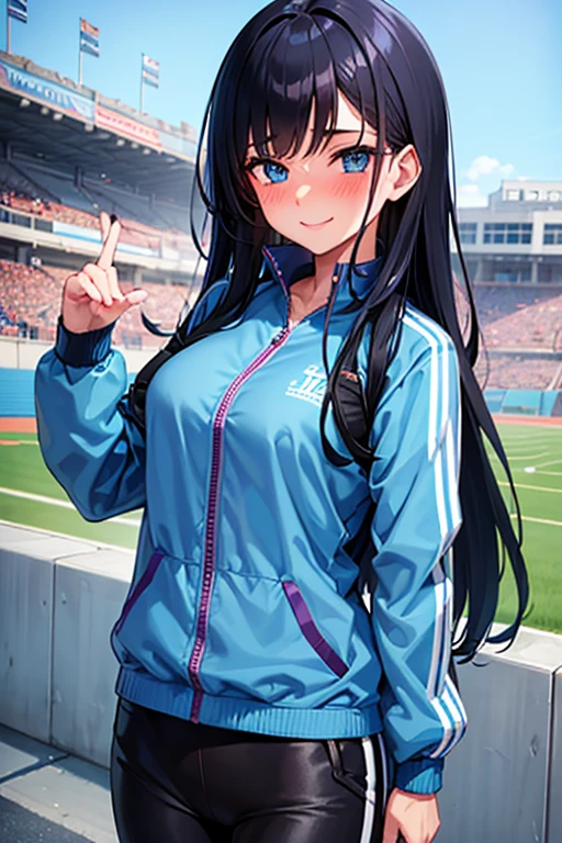 A high school girl with black hair and blue eyes, wearing a long-sleeved blue windbreaker and black long pants, blushing and smiling in the stands at the track and field event, looking like an alluring track and field idol