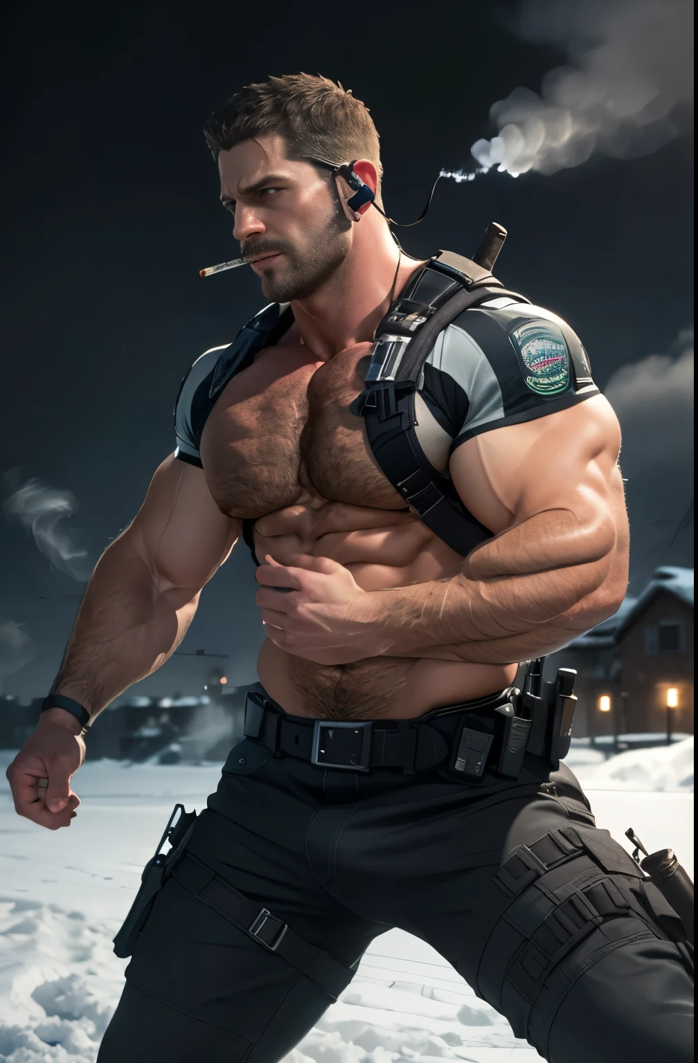 Gothic village with dark background, 《Resident Evil 8》Chris Redfield Sr, 48 years old, Muscle Man, tall and big, Biceps, Abdominal muscles, Chest, Topless, chest hair, Black pants, Big bulge, Shoulder Holster, earpiece, belt, Thick beard, Cold Face, With a cigarette in his mouth, smokes, Video game style, high resolution:1.2, best quality, masterpiece, Night, Dark atmosphere, winter, snow, shadow, Upper body shooting, (Dynamic poses:1.5),