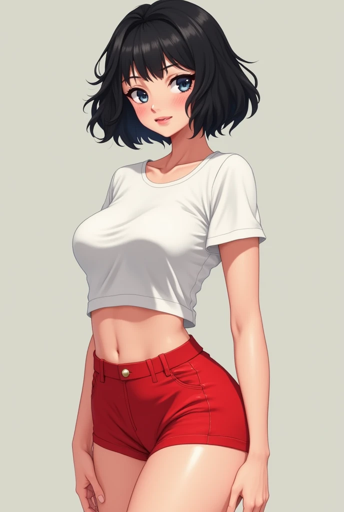 Beautiful anime girl with black short curly hair wearing a very small white t-shirt with big breasts wearing very tight red short with big thighs