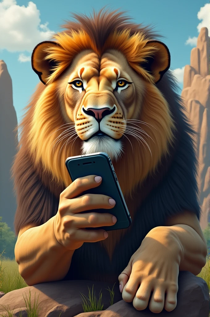 a lion making a phone