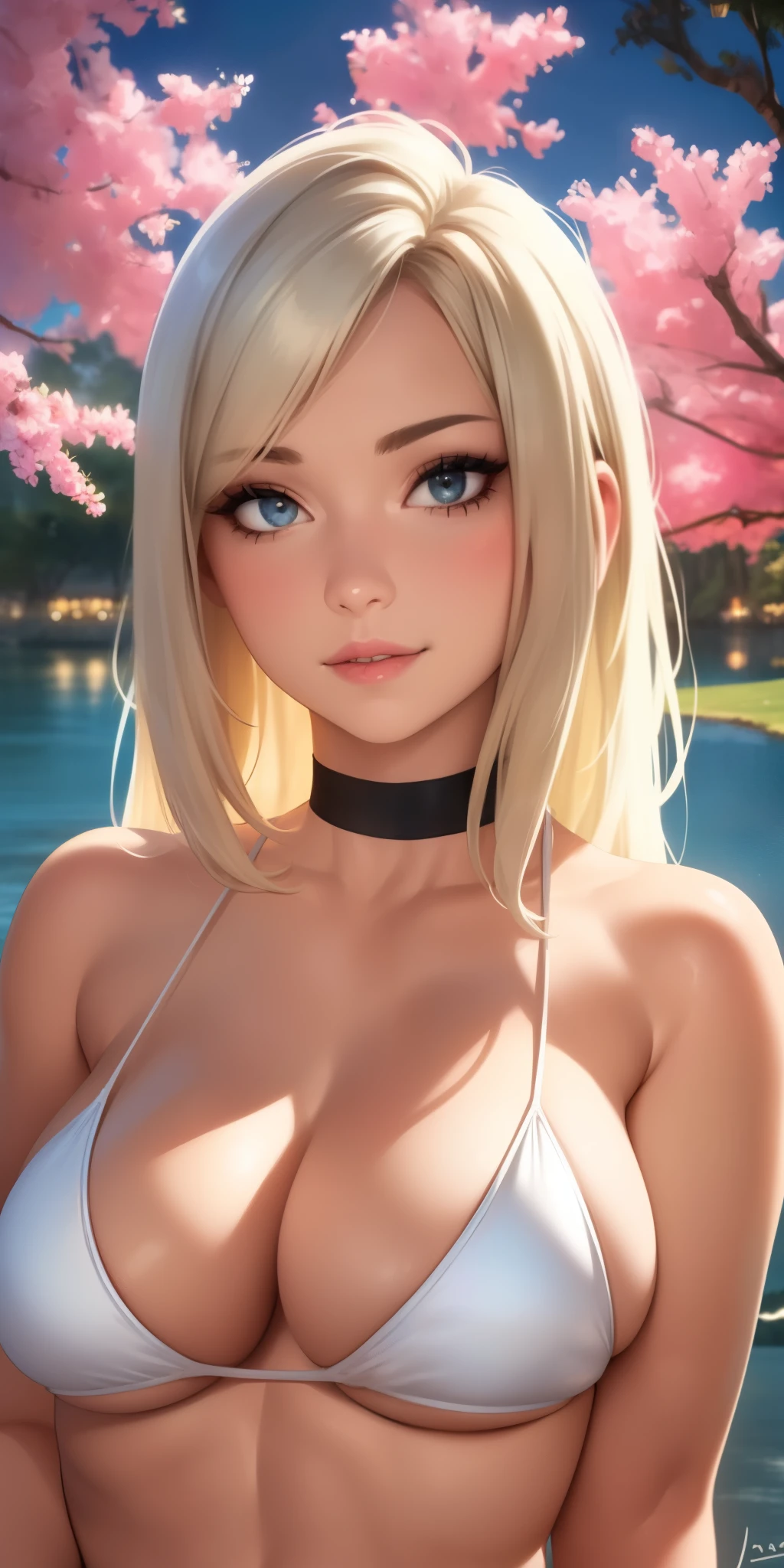 (best quality, ultra-detailed, photorealistic: 1.39), bright and vibrant colors, studio lighting, romantic expression, An effeminate girl, with a delicate and beautiful face. has a thin body, but well designed, your skin is white and very pale. her hair is black, likes to wear makeup, ((Wear a black choker)), outfit emocore, fuzzy, sexy, white bikini, tanned skin, lake with trees and lights, night