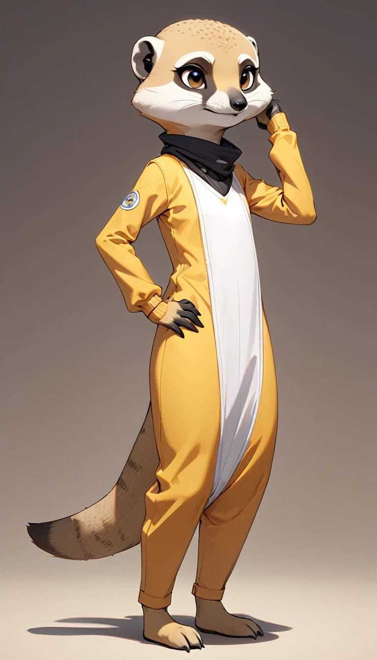 (masterpiece, best quality:1.2), 1 girl, solo, full body, (anthropomorphic Meerkat, furry, kemono), simple background, Generated in SFW
