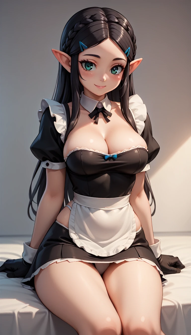 High resolution, Very detailed, perfect lighting, beautiful detailed eyes, ((masterpiece,Best Quality)), absurdities, alone, princess zelda, by the width, crown braid, Hair clip, pointy ears, Gloves without fingers, black gloves, smile, curves, nod, , deep neckline, deep neckline, short skirt, visible underwear, white thong, touching her breasts in a sexy way, close up, Sexy maid costume, black Sexy maid costume, Thinking in the future, Black hair , sitting, en la playa, enfoque centrado