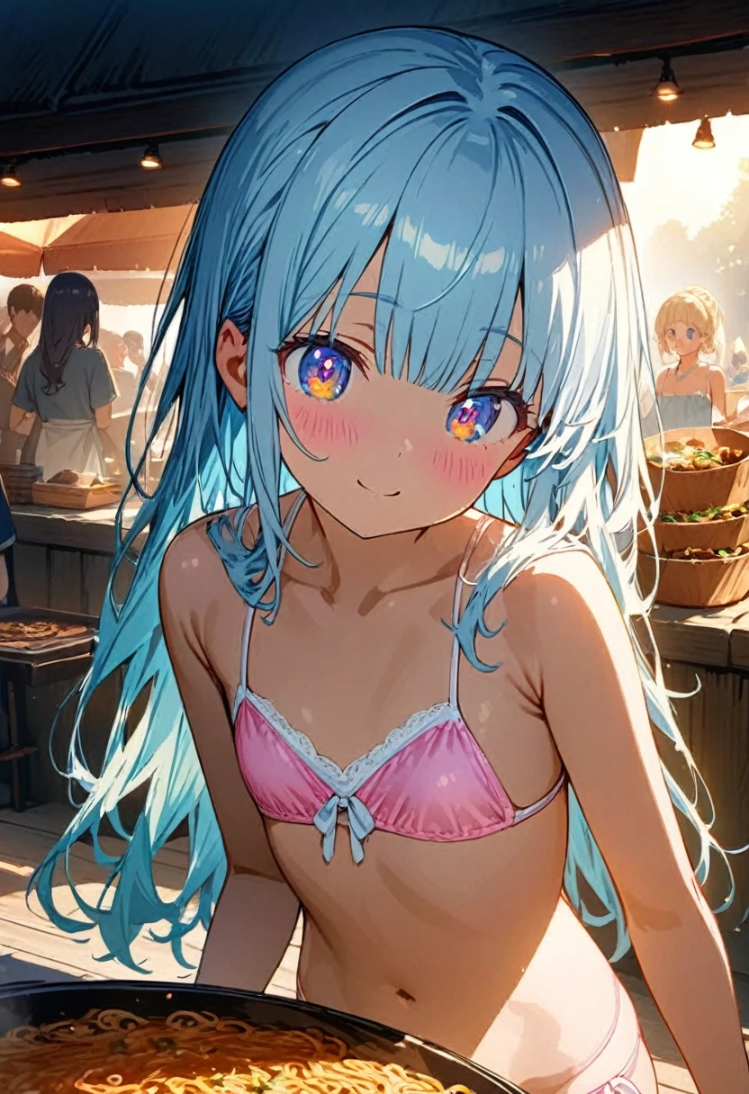 masterpiece, best quality, extremely detailed, (illustration, official art:1.1), 1 girl ,(((( light blue long hair)))), ,(((( light blue long hair)))),light blue hair, , long hair ((blush)) , cute face, big eyes, masterpiece, best quality,(((((a very delicate and beautiful girl))))),Amazing,beautiful detailed eyes,blunt bangs((((little delicate girl)))),tareme(true beautiful:1.2), sense of depth,dynamic angle,,,, affectionate smile, (true beautiful:1.2),,(tiny 1girl model:1.2),)(flat chest)、masterpiece, ultra detailed, 8K, full body shot,, a girl, kawaii, light atmosphere, (Cute a girl:1.5),anime visual, (tilt head:1.3), extremely delicate face, realistic lighting and shading, (an extremely delicate and beautiful art:1.3),Watercolor painting, a girl, Slender girl with small breasts, pink bikini swimsuit, pareo, smilng、She is grilling yakisoba noodles at a food stall wearing a swimsuit and an apron.