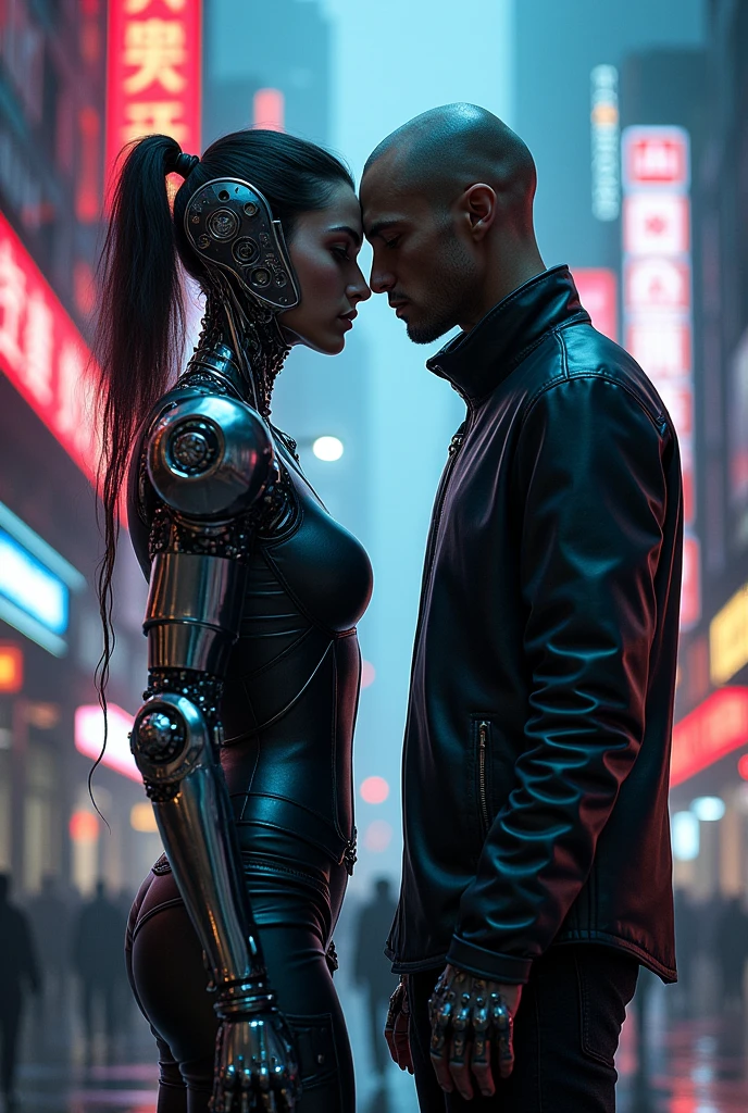 Here is a short story that focuses on the relationship between female and male cyborgs:
In a dystopian, neon-lit metropolis of the future, Amanda, a metal-framed cyborg beneath her skin, wandered the streets in search of her destiny. Her mechanical limbs glittered under the lights of the city's signage, giving her a menacing yet mesmerizing appearance.
One day she met Max, a cyborg like herself, with eyes skillfully embedded in his cybernetic face. A dialog ensued between them, full of distrust and wariness inherent in their artificial natures. But gradually, under the influence of an inevitable attraction, they began to blur the boundaries between the human and the mechanical, realizing that their relationship could become something more.
Going through endless trials and obstacles, prepared for them by the world, where technology dominated over nature, Amanda and Max learned to trust each other, discovering new facets of themselves, inaccessible to ordinary people. Their union grew stronger and stronger, as if they were two halves of the same whole, perfectly complementing each other.
Together they challenged the cruel reality, in which the mechanical outnumbered the organic, and believed that their love could overcome any obstacles erected by this cold, ruthless world.