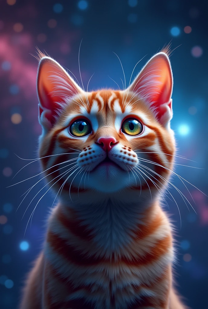 Cat face close up, Space in the background (Beautiful shining stars and galaxies), Space Cat, big "!?" on the screen is written in big letters on the screen,