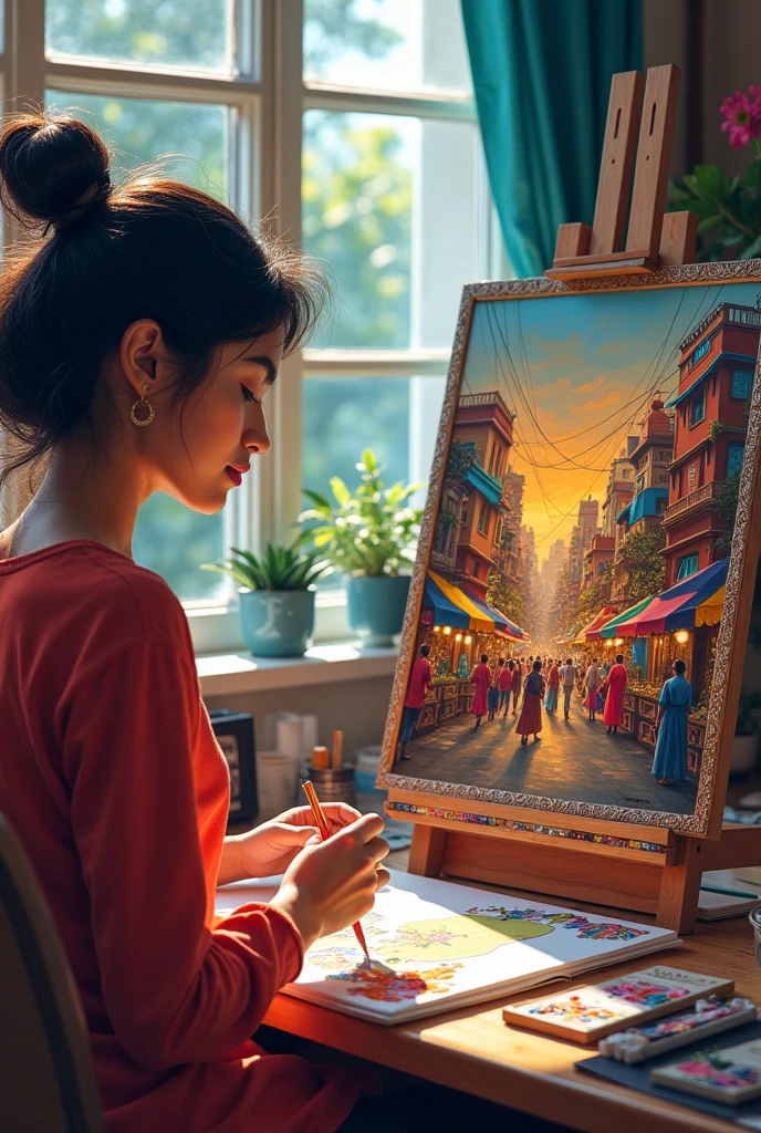 Mousumi brainstorming and sketching ideas for a new series of paintings, with Priya and Mamu’s photos on her desk.
For Priya, she painted the lively streets of Bangalore, capturing the energy and vibrancy of the city they both cherished.