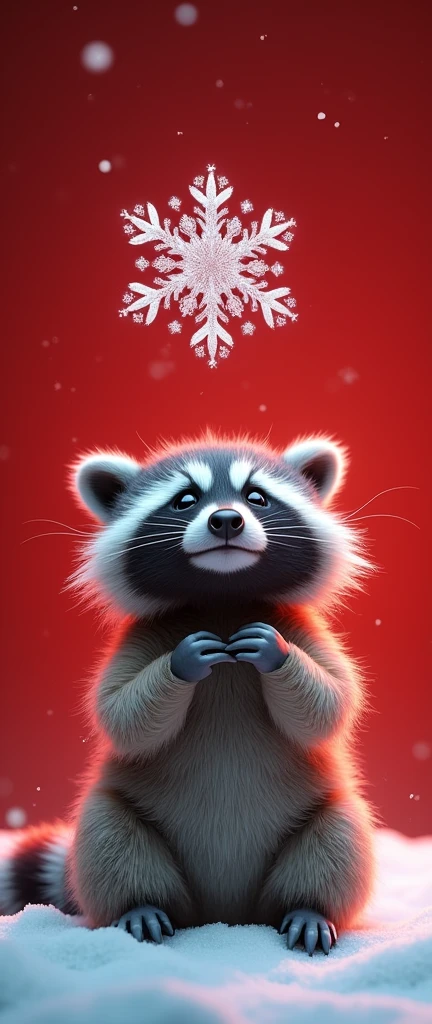 A captivating photograph of a cute extra fluffy baby realistic raccoon holding a delicate snowflake in mid-air, capturing its graceful descent. The snowflake is intricately detailed, featuring a mesmerizing, complex pattern that highlights its natural beauty. The background is a vibrant, deep red hue, adding a dramatic and surreal contrast to the scene. This 3D rendered artwork showcases a conceptual interpretation of nature's beauty, transforming it into a captivating piece of art., painting, vibrant, 3d render, product, conceptual art, photo