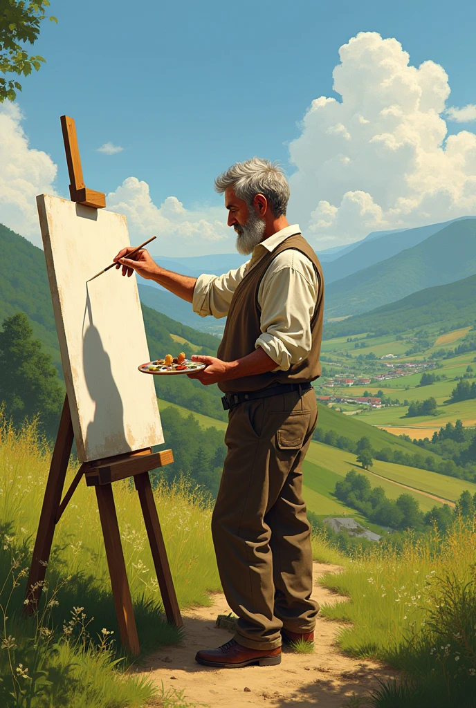 Country side man painting on canvas