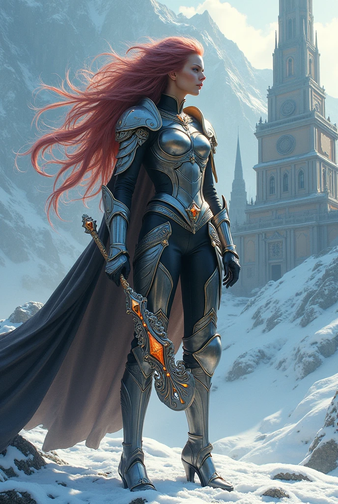 a fantasy art illustration of a  female giant knight armed with a mighty axe standing near a temple built on snowy mountain, (((she is as tall as the mountain: 1.3))) a wild beautiful, exotic beautiful giant knight, ((anatomically correct: 1.5), (ultra detailed face: 1.2), best detailed face, dynamic hair color, dynamic hair style, armed with a giant axe, shiny axe, its blade reflects the sunlight, studded with gems, wearing metal armor, wearing ((black leather jacket)), dynamic armor color, wearing high heeled boots, standing near a fantasy temple, magnificent temple, with a tower, on snowy mountain (((she is as tall as the mountain:1.3))), vibrant, Hyperrealism style, vibrant, Ultra-high resolution, High Contrast, (masterpiece:1.5), highest quality, Best aesthetics), best details, best quality, highres, ultra wide angle, 16k, [ultra detailed], masterpiece, best quality, (extremely detailed) RAW, 