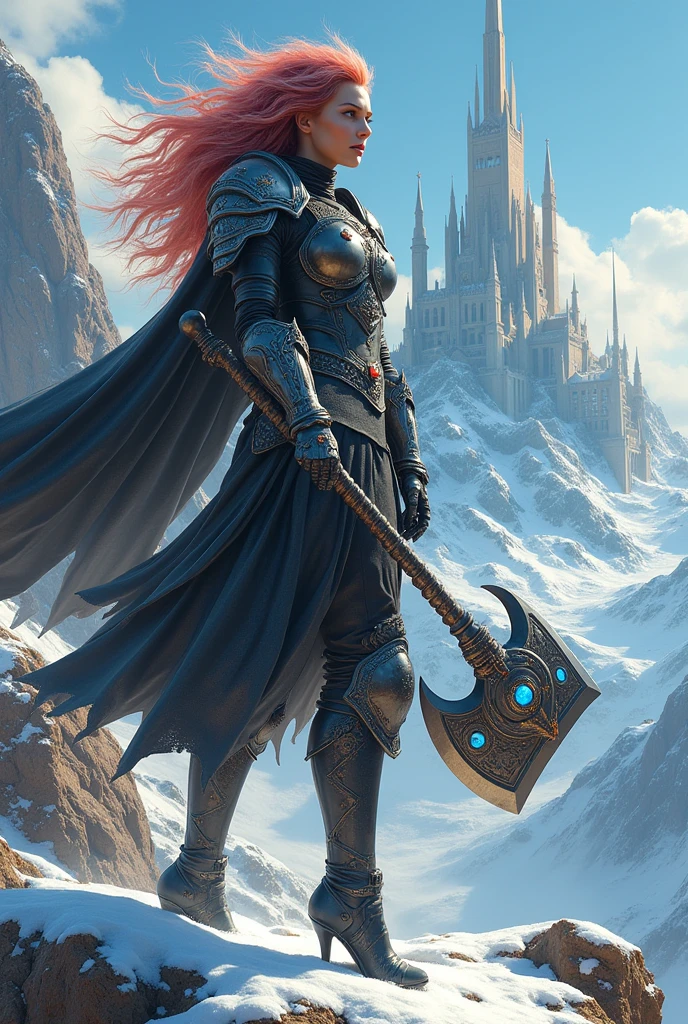 a fantasy art illustration of a  female giant knight armed with a mighty axe standing near a temple built on snowy mountain, (((she is as tall as the mountain: 1.3))) a wild beautiful, exotic beautiful giant knight, ((anatomically correct: 1.5), (ultra detailed face: 1.2), best detailed face, dynamic hair color, dynamic hair style, armed with a giant axe, shiny axe, its blade reflects the sunlight, studded with gems, wearing metal armor, wearing ((black leather jacket)), dynamic armor color, wearing high heeled boots, standing near a fantasy temple, magnificent temple, with a tower, on snowy mountain (((she is as tall as the mountain:1.3))), vibrant, Hyperrealism style, vibrant, Ultra-high resolution, High Contrast, (masterpiece:1.5), highest quality, Best aesthetics), best details, best quality, highres, ultra wide angle, 16k, [ultra detailed], masterpiece, best quality, (extremely detailed) RAW, 