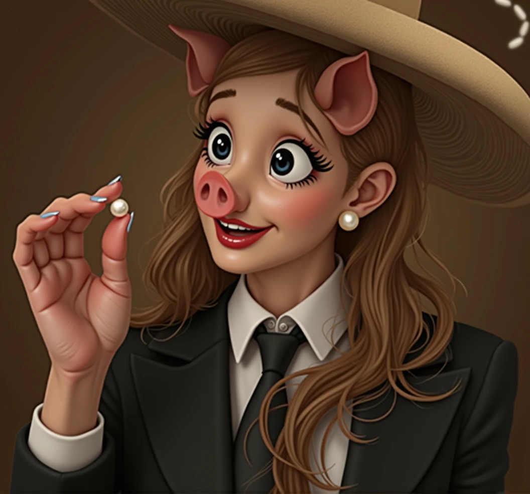 beautiful woman holding a small white pearl in her hand, pig snout on face, big snout, shocked expression, eyes wide, perfect teeth, wearing suit and tie