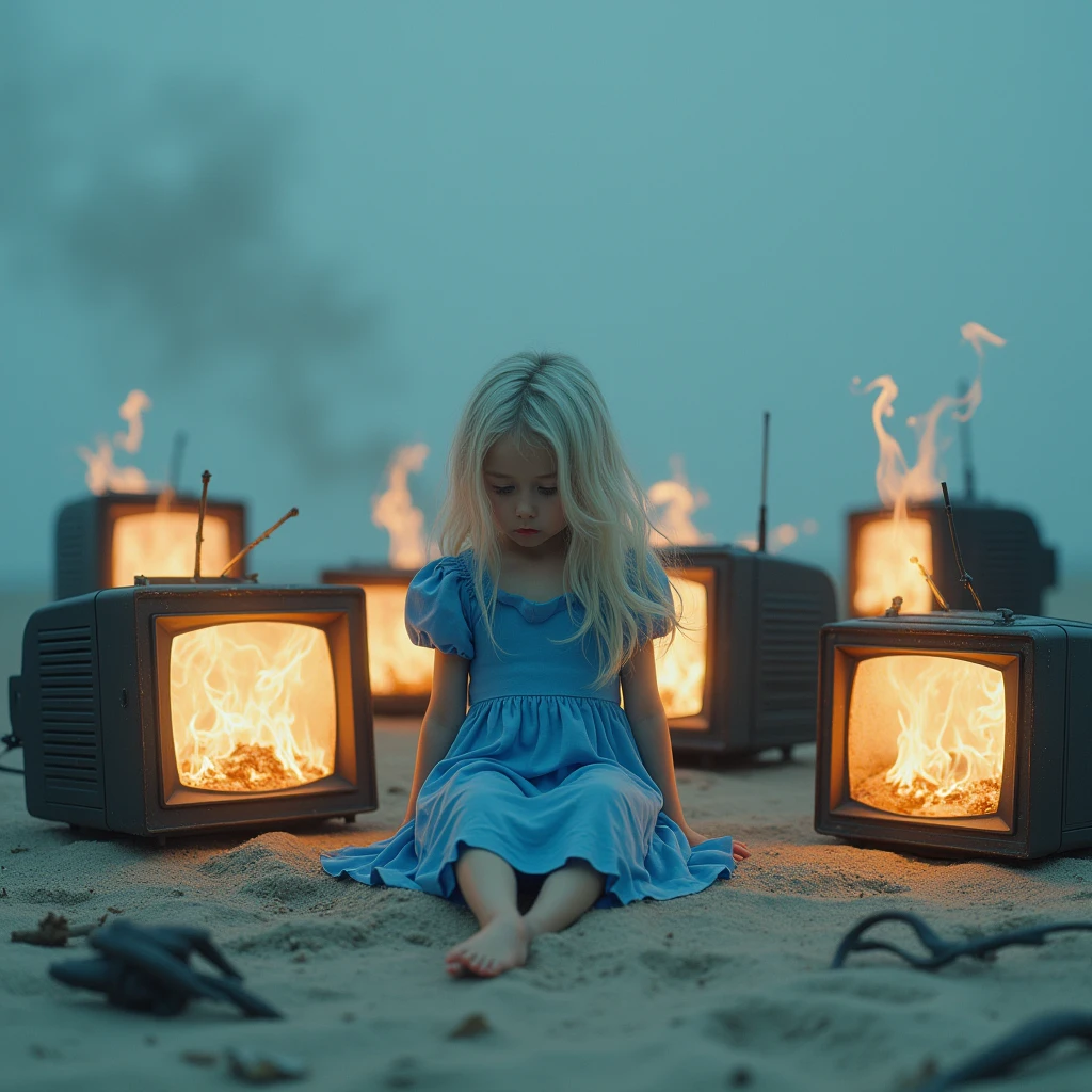 A girl with long white hair wearing a blue dress,She will be sitting on the sand of a beach ,On the sand there will be several old TVs on fire,I want the image to give off a sad vibe