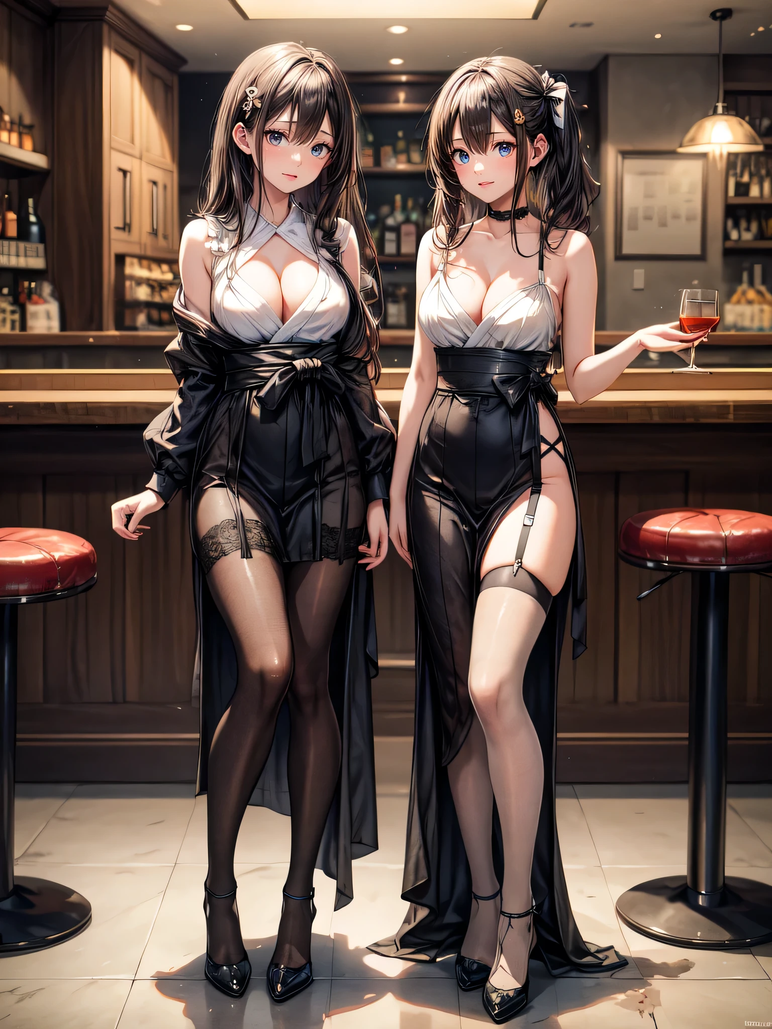 (masterpiece, best quality, highest quality, Masterpiece, 8k:1.5),((Full Body Shot,Including face)), 1girl, ((Focus on the face,Symmetrical facial features)), Beautiful woman, (Slender),((High heels,Patterned stockings with straps)), Detailed depiction of the face, Cafe clerk , bar counter, profile, yukata, Slenderな女性, medium long, Vertical Roll,