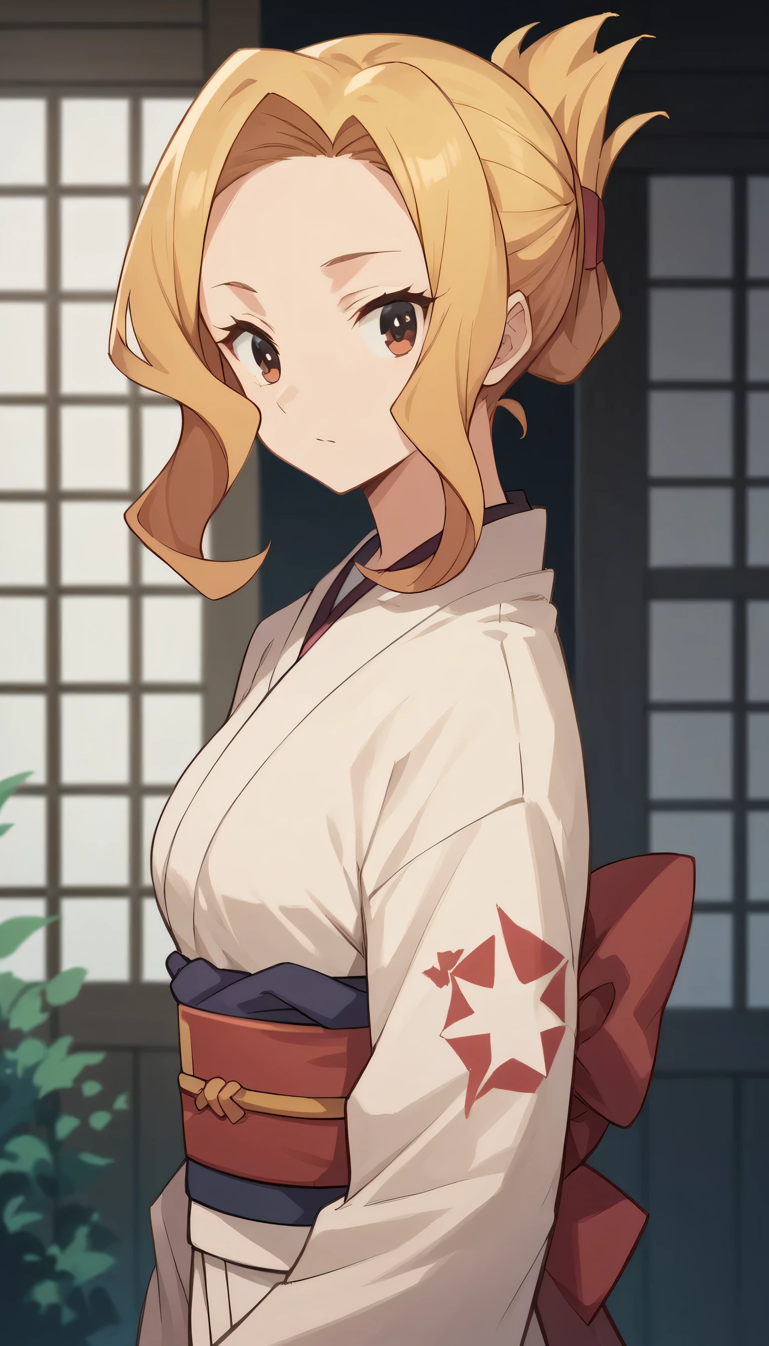 1girl, solo, japanese clothes, sash, kimono, bangs, looking at viewer, obi, gradient,luna, blonde hair, brown eyes, folded ponytail,