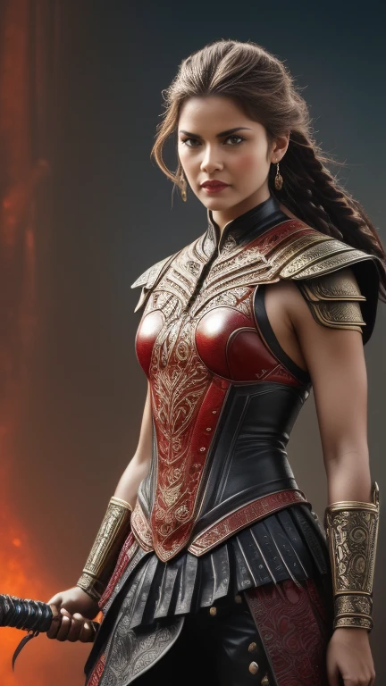 Tall muscled defined woman, detailed armor, red and gold engraved leather Cuirass, intricate designs on the Cuirass, intricate Cuirass engravings, imposing and powerful stance, fierce expression, red wild mane braided hair, dynamic pose, intense battle scene, fantasy setting, vibrant colors, dramatic lighting, epic atmosphere, mythical creatures in the background, magical effects surrounding the sword, attention to anatomy and facial features, iconic use of highlights and shadows, capturing emotion, masterful composition, portraying strong female characters. (best quality, 4k resolution, highres, ultra-detailed, photorealistic:1.37), HDR lighting, studio-quality rendering, professional-quality artwork based on yoshitaka amano work.