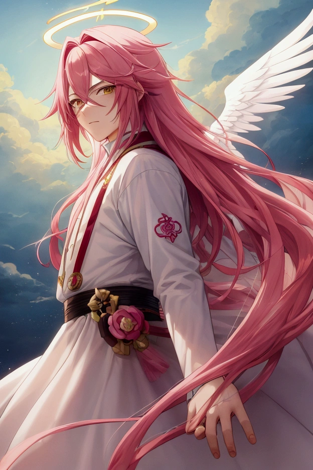 make a man in anime style, His hair is long and pink, he is an angel and the halo is yellow