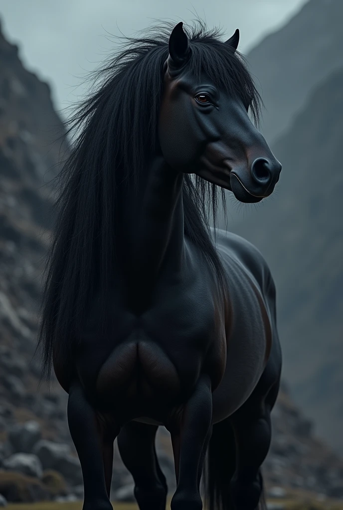 A large and hyper muscular dominant male draft stallion with glistening black colored skin and large breasts bent over posing sexually in a stripclub while seductively presenting their thick butt to the viewer with their penis and testicles hanging below, solo, flared equine penis, swollen testicles, flared penis tip, flare, equine, masterpiece, detailed image, highly detailed image+, high resolution, (knotted equine penis+)++, black skin+, dark fur+, (black fur+)++, by Truegrave9, by Chunie, by Clockhands, by H0rs3, by Virtyalfobo, highly detailed image+, thick theighs, Puffy anus, black anus, big penis+, ballsack, black genitalia++, seductive, (looking pleasured+)++, plain background, bedroom eyes+, seductive eyes+, suggestive gesture++, breasts+, tits, black laced bra, black theigh highs, sweaty anus, sweat, blushing, orgasm face+, cum leaking from penis, grabbing ass,