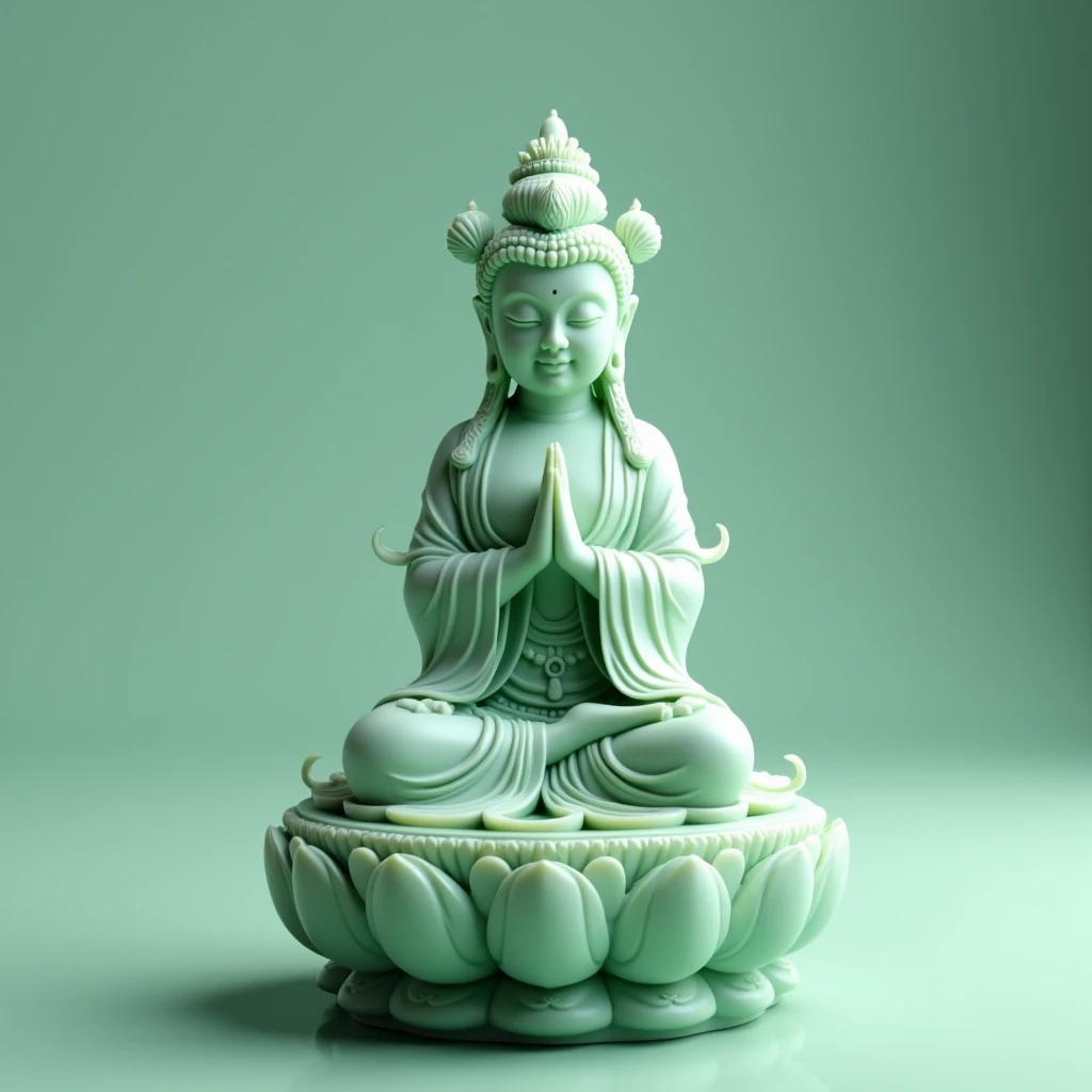 A green jade statue of Avalokiteshvara Bodhisattva, dressed in white with a calm appearance, often depicted with a gentle smile. She can be depicted sitting on a lotus or throne, surrounded by lotus flowers, with a soft green or blue background, symbolizing compassion and protection. In dall e-3 style