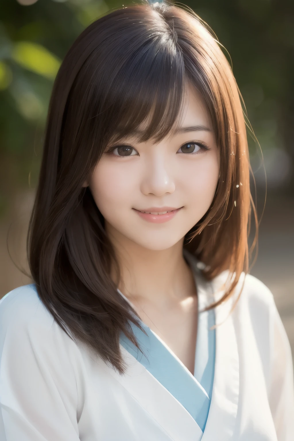 best quality, face focus, soft light, ultra high res, (photorealistic:1.4), RAW photo,(Shinozaki Ai), white skin, kawaii, 1 Japanese girl, solo, cute, (smile), (pupil, lights in the eyes), detailed beautiful face, Medium-sized breasts,(high resolution detail of human skin texture),(long hair),(portrait), upper body, white traditional kimono