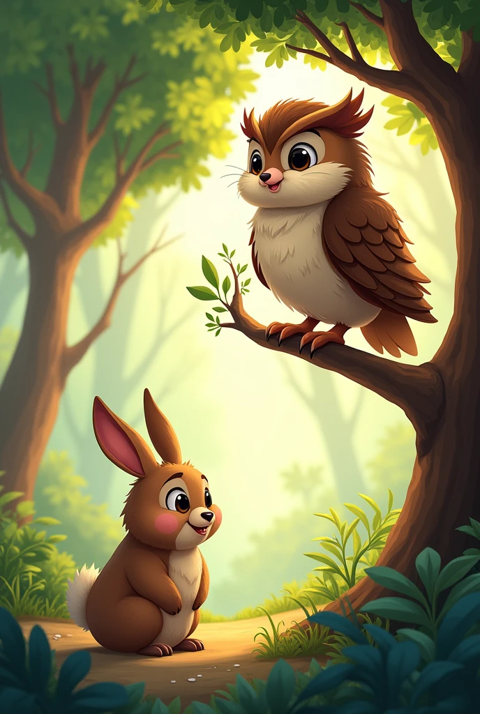 owl in a forest perched on a tree and brown rabbit, cartoons