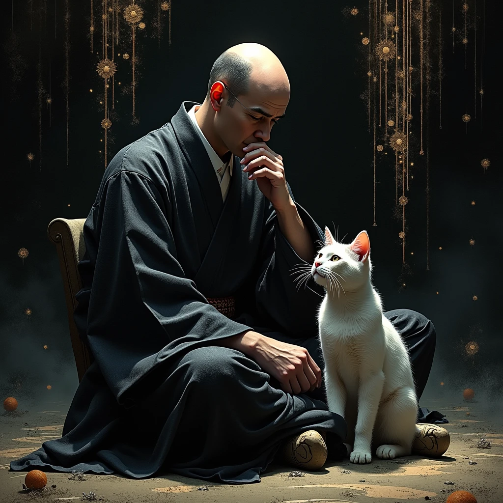 a man in traditional japanese clothing sitting with a cat, dark and detailed digital art, beautiful male grim reaper, psychedelic shaman, extremely detailed digital artwork, dark flower shaman, digital shaman portrait, traditional japanese concept art, portrait of the grim reaper, glitch fantasy painting, highly detailed digital painting