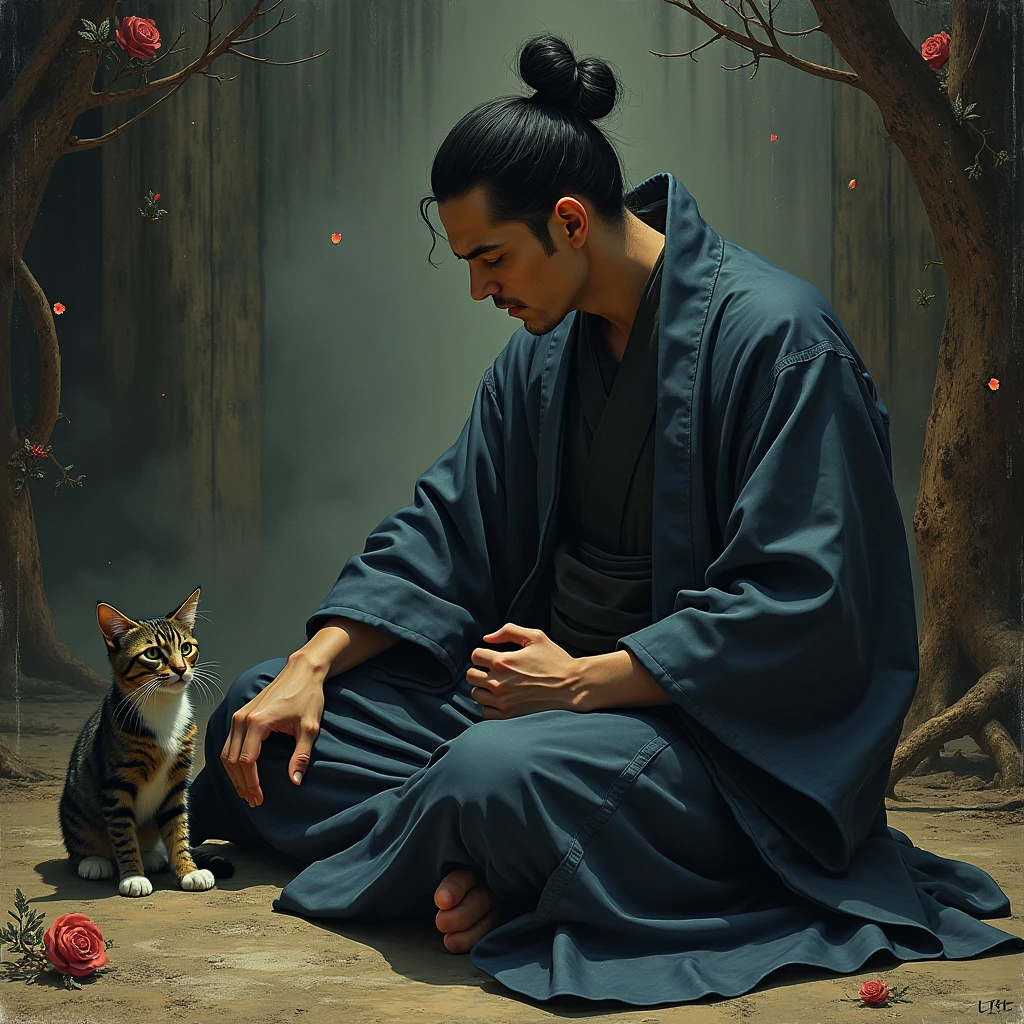 a man in traditional japanese clothing sitting with a cat, dark and detailed digital art, beautiful male grim reaper, psychedelic shaman, extremely detailed digital artwork, dark flower shaman, digital shaman portrait, traditional japanese concept art, portrait of the grim reaper, glitch fantasy painting, highly detailed digital painting