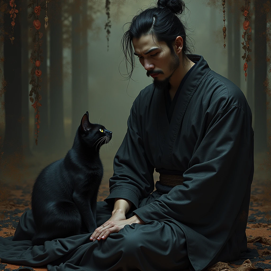 a man in traditional japanese clothing sitting with a cat, dark and detailed digital art, beautiful male grim reaper, psychedelic shaman, extremely detailed digital artwork, dark flower shaman, digital shaman portrait, traditional japanese concept art, portrait of the grim reaper, glitch fantasy painting, highly detailed digital painting