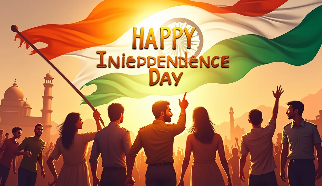 **Prompt:** "A vibrant and patriotic thumbnail featuring the Indian flag waving majestically in the background. In the foreground, a group of diverse people, including soldiers, children, and common citizens, are joyfully celebrating. The text 'Happy Independance day' is written in bold, golden letters at the top, with a glow effect around it. Below the text, an image of the India Gate or Red Fort is subtly visible, symbolizing heritage. The overall color scheme includes shades of saffron, white, and green, reflecting the Indian tricolor, with a slight burst of light emanating from the center to signify hope and freedom."
---