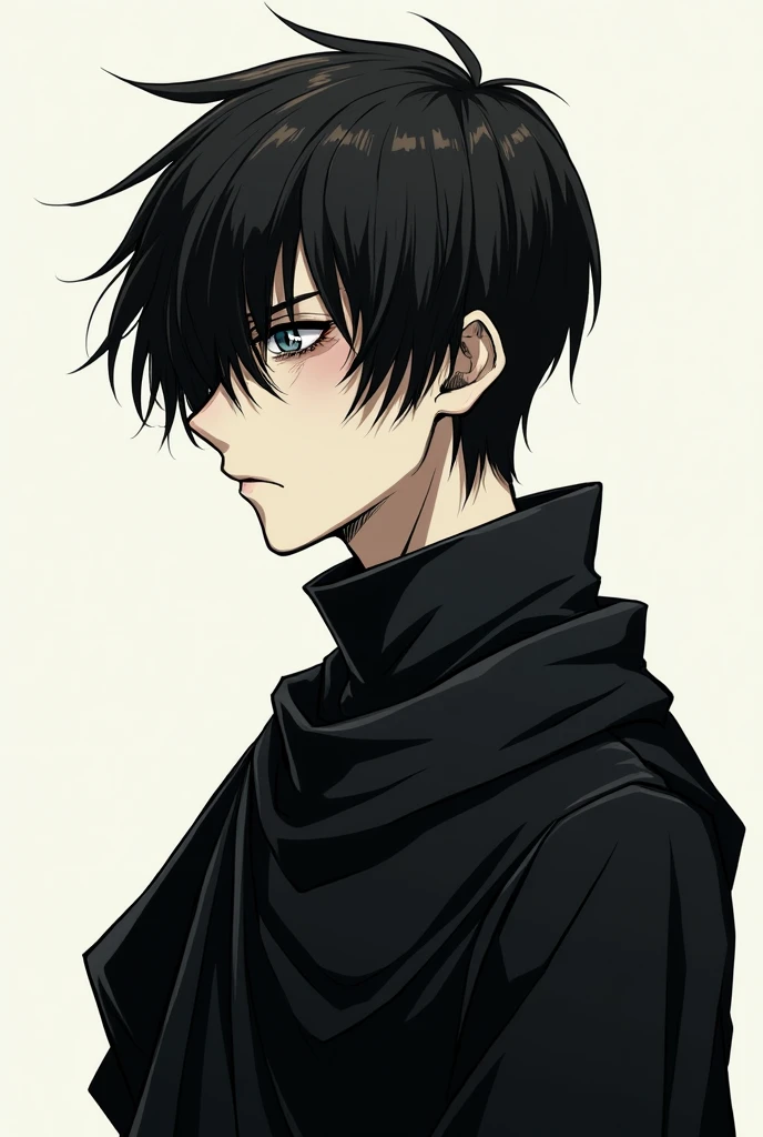Style manga
22 years Man
Short hair with a long skirt almost covering one eye
Profiled face, quite skinny, skin color bordering on pale
Baggy eyes
Eyes (that is, the color) black
Black clothes, as a villager