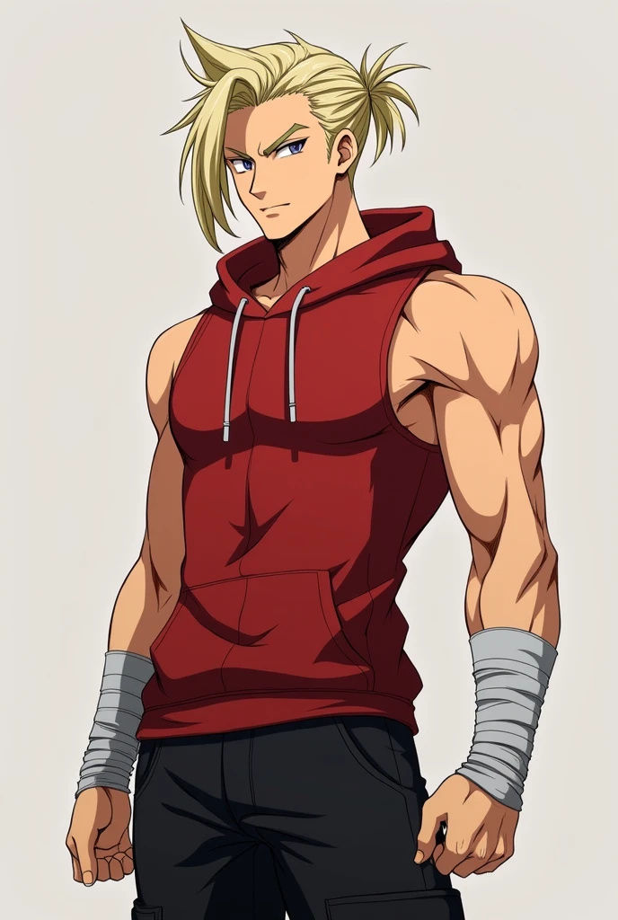 Male anime character with an athletic physique wearing a red sleeveless hoodie with a hood. The arms have thin white bands that wrap around both forearms and the palms of the hands, only leaving the fingers exposed. Black cargo pants. Long, light blonde hair with a quiff styled to fall back and parted on the right side, thick and spiked. A key detail for the character is a fringe that falls slightly over the face, divided in the center. The left side of the fringe has more strands and is longer, while the right side has shorter strands.