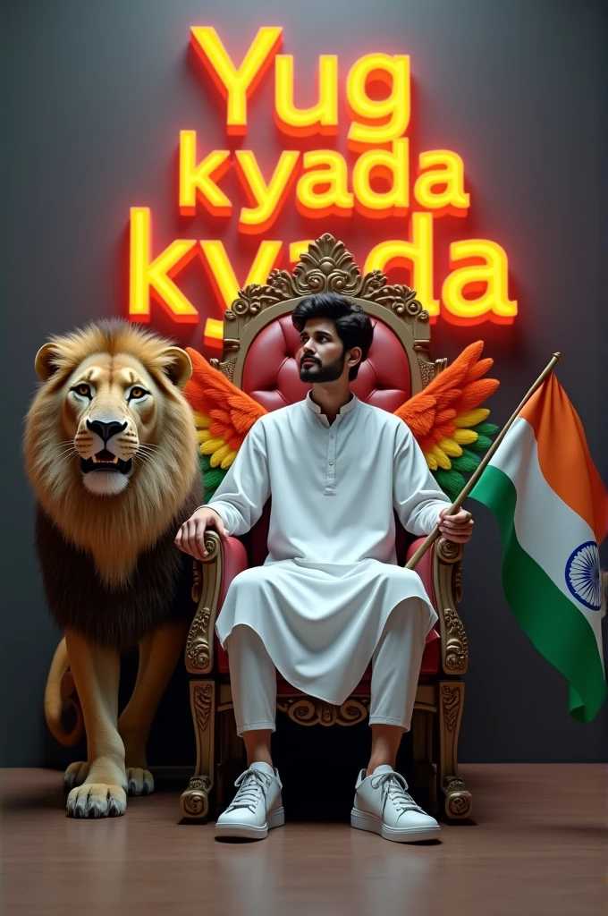 4TH PROMPT :- Create a 3D illusion for the profile picture where a cute 25 year old boy in white kurta is sitting comfortably on the chair of the King of Beasts throne. Indian flag in hand And a ferocious lion next to me. Wearing sneakers, he looks ahead. “Yug kyada ” is written in large, orange neon light font on the dark gray wall in the background. He has no shadow and has Indian Tricolor colored wings 4k