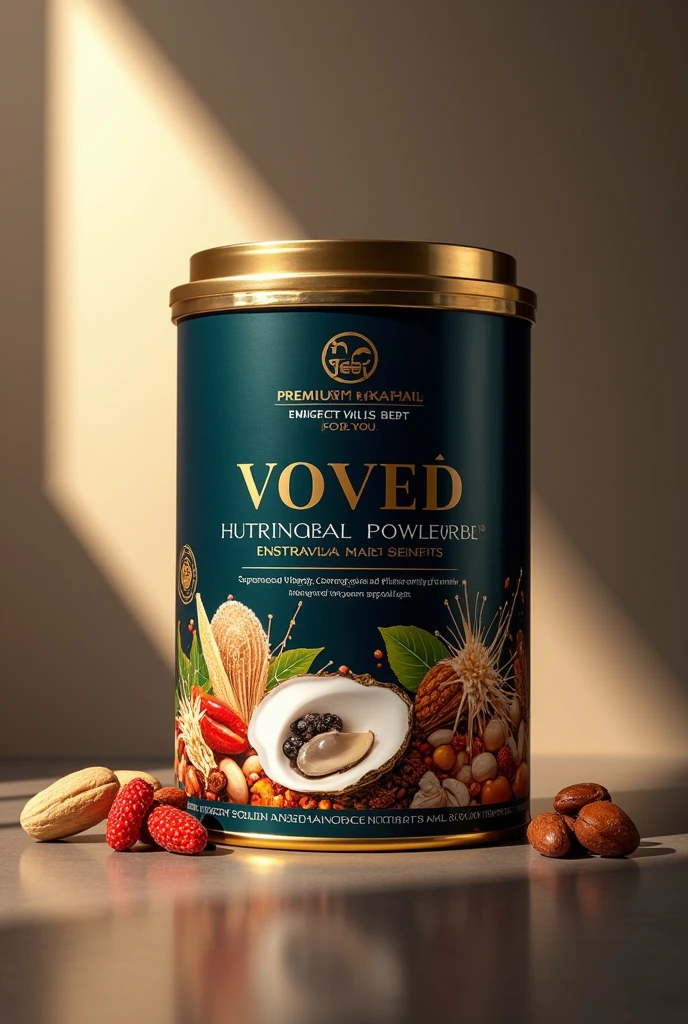 Create an image of an elegant and luxurious can of nutritious powdered supplement designed for older adults. The can should have a sophisticated and premium design that stands out, featuring high-quality images of key ingredients like oysters, ginseng, and a variety of nuts. The color scheme should use rich and opulent tones like deep gold, dark blue, and silver to convey luxury and health benefits. The branding should be stylish and clear, with the product name prominently displayed and text highlighting benefits such as 'Supports Vitality' and 'Premium Ingredients for Enhanced Wellness.' The can should be set against a refined, polished background, with subtle accents like metallic textures or a soft spotlight effect to create a sense of prestige and importance.