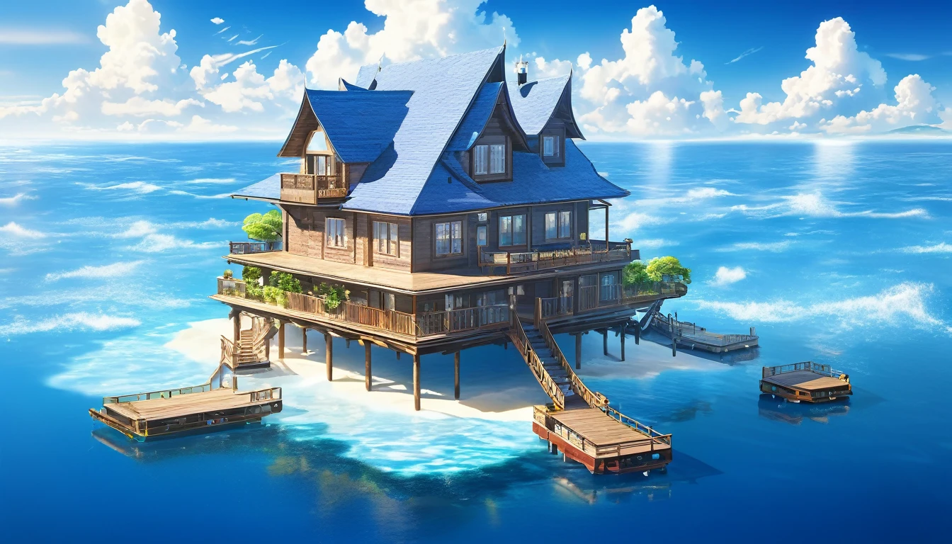 Water houses, A house floating on the sea, , A house built on a large raft in the sea, A magnificent and beautiful fairytale house floating on the blue ocean waves, Beautiful scenery around, White Cloud, sun, , high quality, high resolution, master'work, masterpiece, Clear, 32K, Comic Style, Pixar