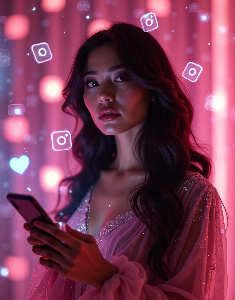 (Goddess of Instagram:1.4), (masterpiece:1.4, best quality), (photo realistic:1.4), modern and stylish appearance, with an aura of influence and allure, dressed in a trendy, chic outfit that blends high fashion with digital aesthetics, (hair perfectly styled in waves, reflecting the latest beauty trends:1.2), (eyes bright and captivating, with a subtle sparkle that draws attention:1.2), holding a smartphone or a digital device, surrounded by floating Instagram icons, likes, and comments, (background of a luxurious setting or a digitally enhanced environment with vibrant, colorful elements:1.2), (soft, glamorous lighting that accentuates her features and the digital elements around her:1.2), (dynamic and confident pose that emphasizes her role as a social media icon:1.2), rich textures, vibrant and eye-catching colors, (trendy pinks:1.2), (sleek blacks:1.2), (glowing whites:1.2), (dynamic composition with fluid lines and a sense of digital connectivity:1.2), high-quality and detailed, (awe-inspiring and trendy atmosphere:1.2), influential and captivating, perfect image quality, symbolizing the power of social media, beauty, and modern influence, captivating and trendy presence

