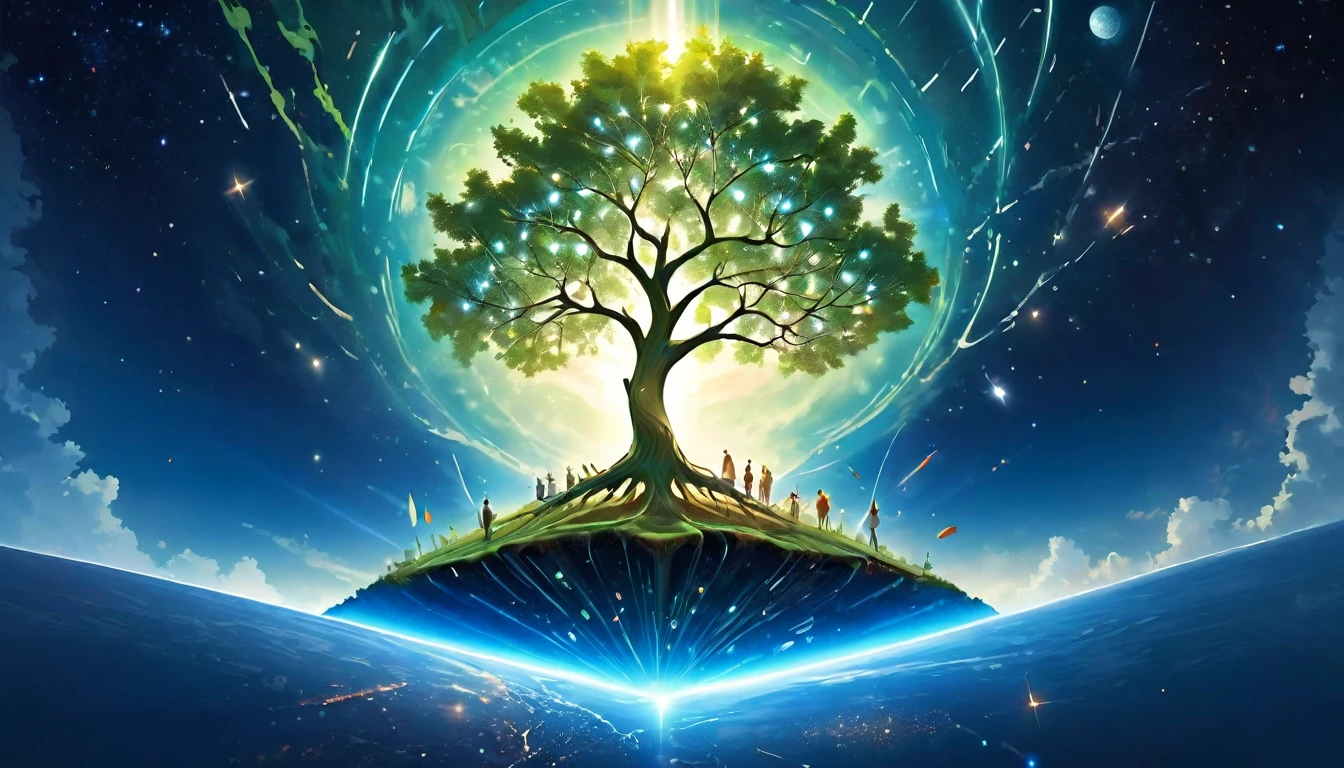 "A tree of knowledge with branches reaching into space, its roots firmly planted on Earth, surrounded by floating symbols of science and discovery"