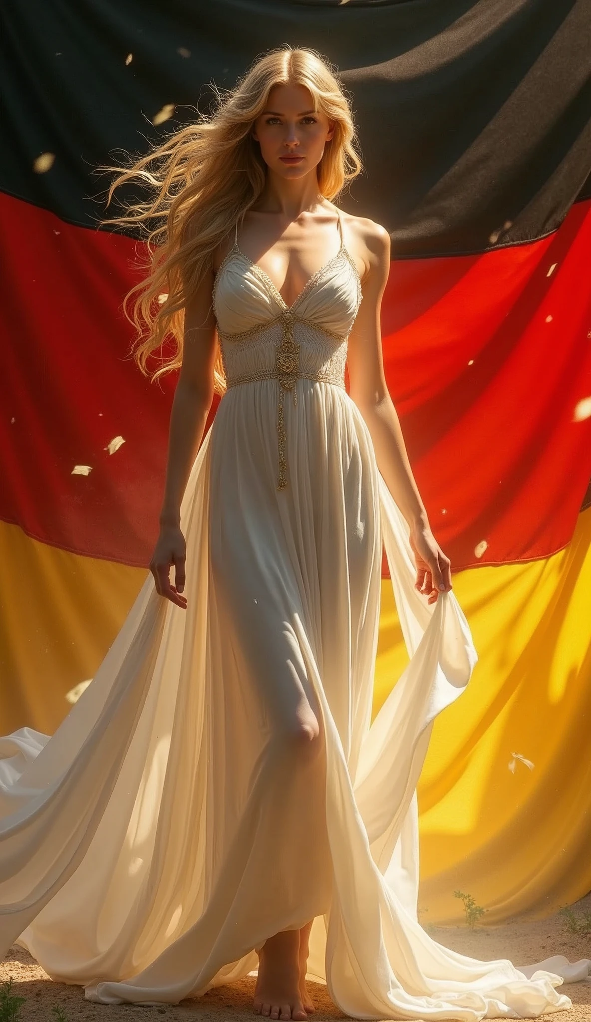 Beautiful 18 year old Germania、German Goddess。whole body。slim、Small breasts。German flag background