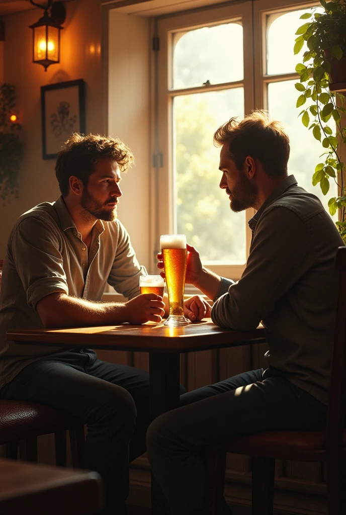 (photorealism:1.2), two man, sitting in pub, beer, water,  indoors, soft lighting, pub in background, window with sunlight, cozy room, relaxed pose, realistic, intricate details, warm colors, by Greg Rutkowski, by Alphonse Mucha