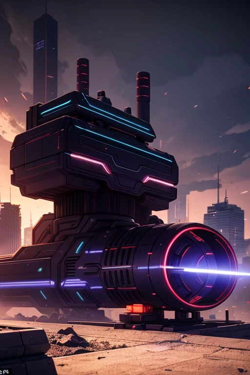 A Giant metallic future gun, POV. The gun vibrant hues glowing. The colossal tool's enormous size renders passersby as mere ants scurrying about its base, their tiny forms dwarfed by the massive structure.