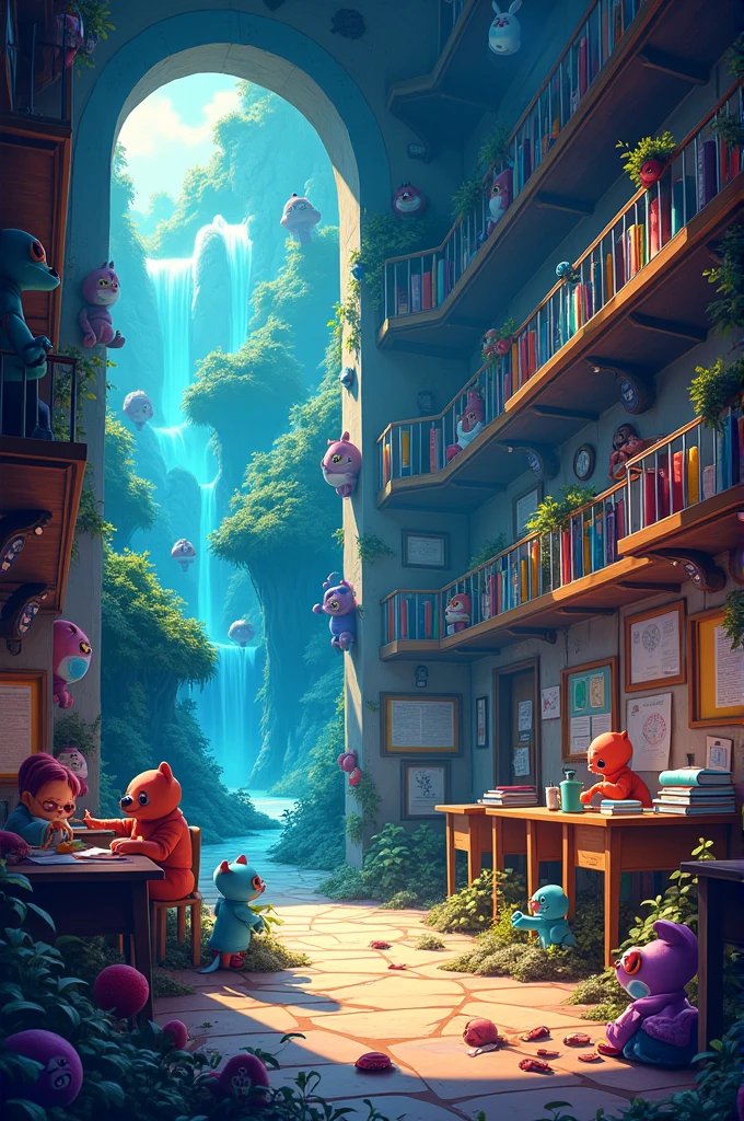 Please create an illustration that includes the content of the following sentences. 
・Exterior of the classroom　・Mystery　・Fantasy　・Pop