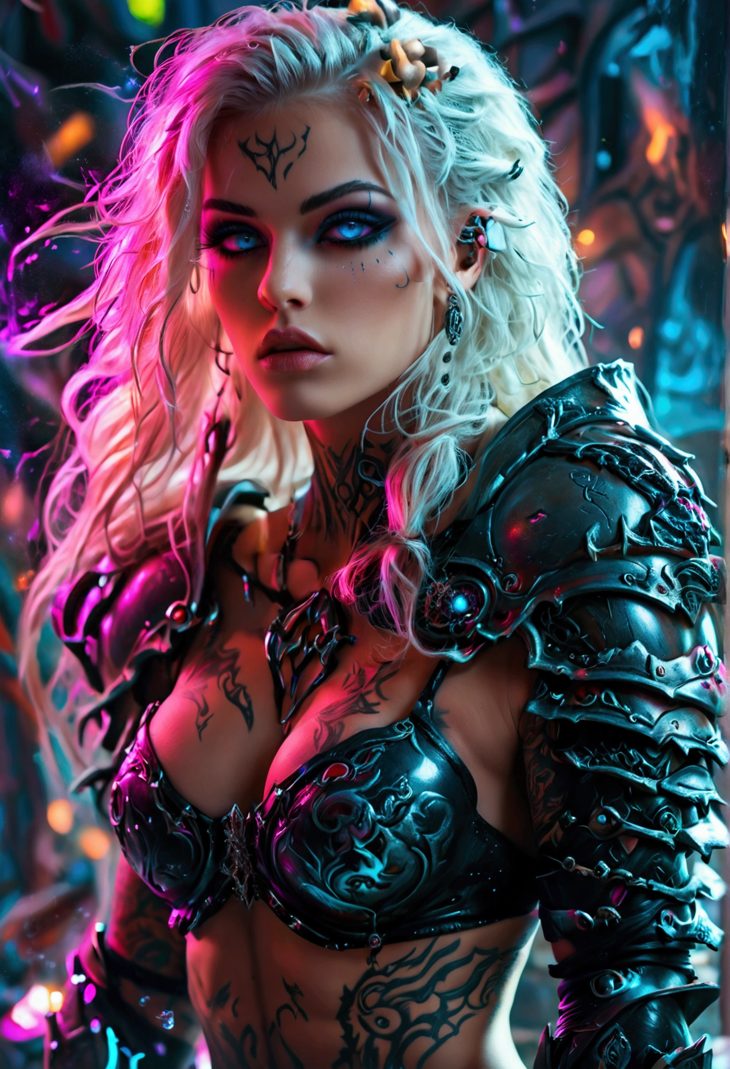 Create a hyper detailed photograph of a tattooed muscular young sexy female deathknight, Stunningly perfect gorgeous feminine face, perfect makeup, detailed vibrant neon eyes, long flowing hair, big beautiful muscular legs, big beautiful muscular arms, perfect hour glass body figure, detailed smooth skin, large breast, perfect round ass, complete full body view,