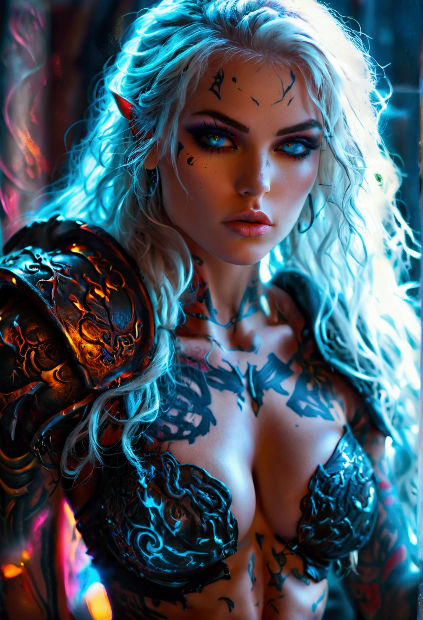 Create a hyper detailed photograph of a tattooed muscular young sexy female deathknight, Stunningly perfect gorgeous feminine face, perfect makeup, detailed vibrant neon eyes, long flowing hair, big beautiful muscular legs, big beautiful muscular arms, perfect hour glass body figure, detailed smooth skin, large breast, perfect round ass, complete full body view, 