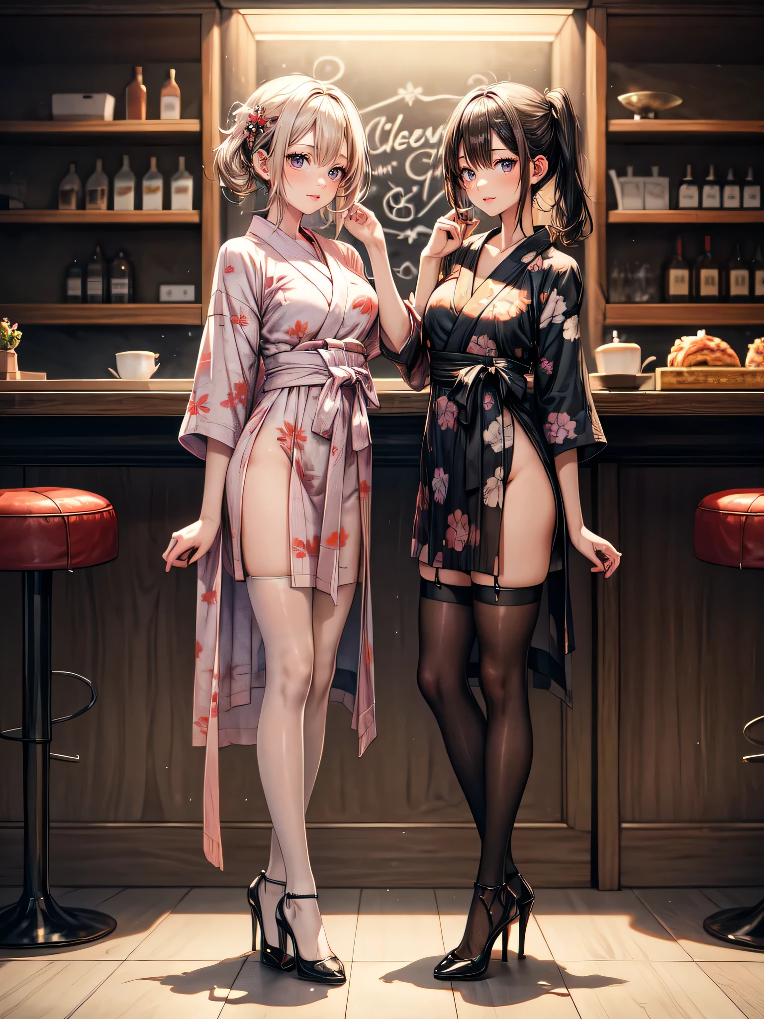 (masterpiece, best quality, highest quality, Masterpiece, 8k:1.5),((Full Body Shot,Including face)), 1girl, ((Focus on the face,Symmetrical facial features)), Beautiful woman, (Slender),((High heels,Patterned stockings with straps)), Detailed depiction of the face, Cafe clerk , bar counter, profile, yukata, Slenderな女性, medium long, Vertical Roll,