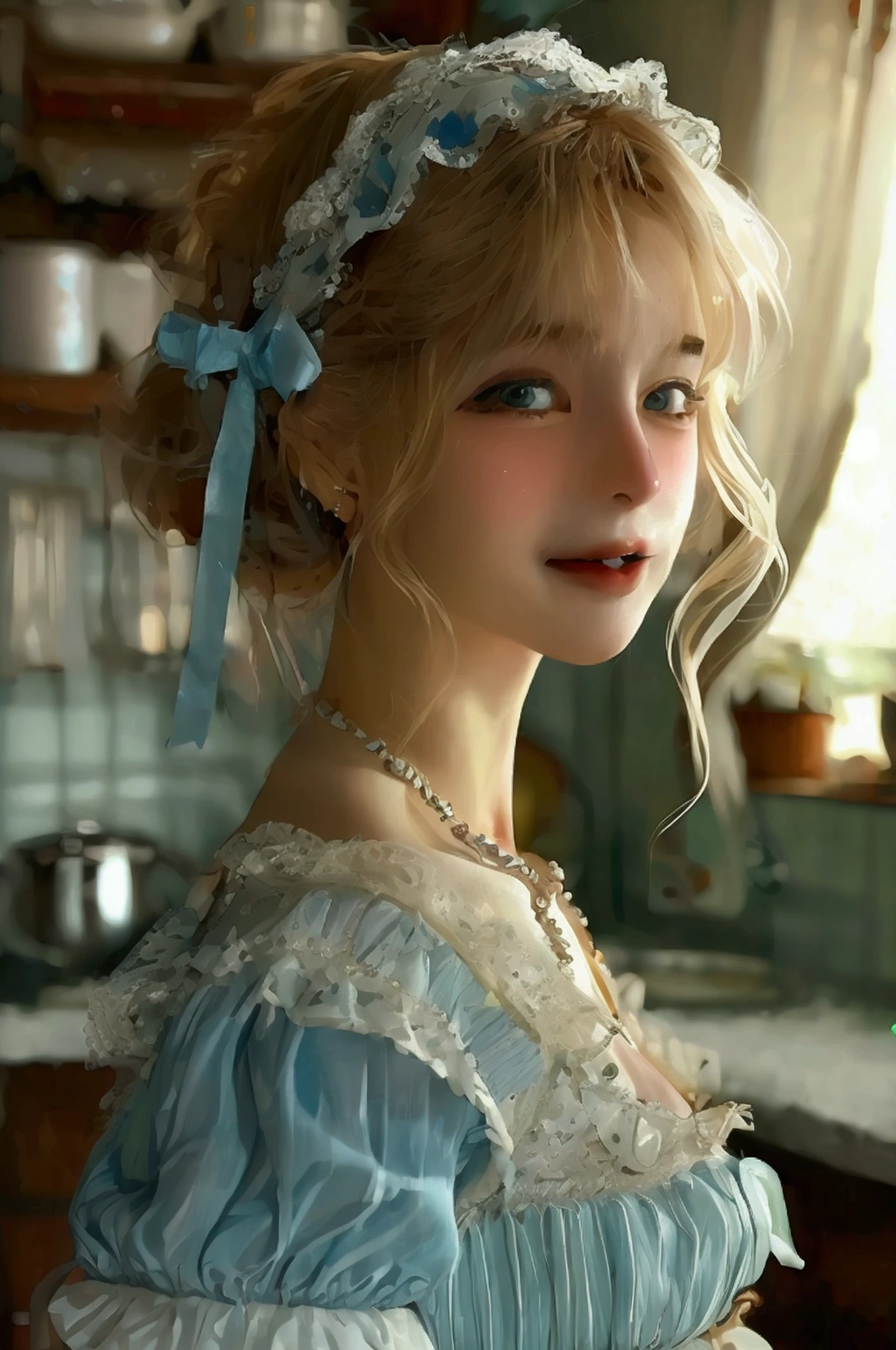 (8ก, best quality, Masterpiece: 1.2), (realistic, realistic, photorealistic: 1.37), 1 woman, hyper detail, beautiful eye details, Beautiful, detailed nose, (((1 girl))), ****ta dress, 7 minutes, kitchen, smile,