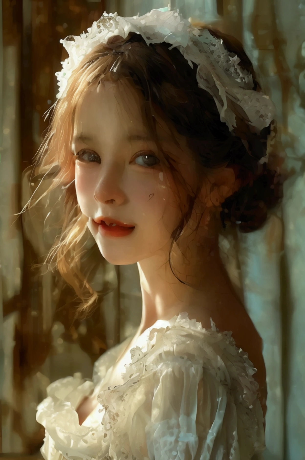 (8ก, best quality, Masterpiece: 1.2), (realistic, realistic, photorealistic: 1.37), 1 woman, hyper detail, beautiful eye details, Beautiful, detailed nose, (((1 girl))), Lolita dress, 7 minutes, kitchen, smile,